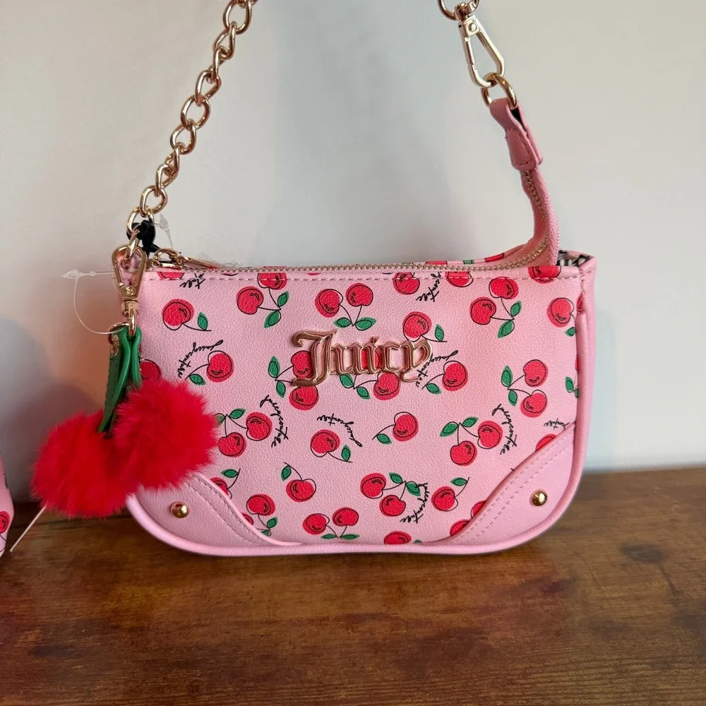 New Juicy Couture Cherry Girl Pink red Wristlet Wallet Clutch Set Mini Handbag